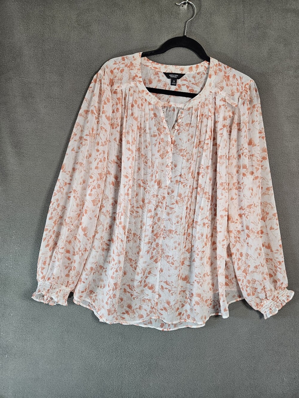 Vera Wang Simply Women Plus 2X Peasant Popover Shirt Sheer Orange Floral Cottage